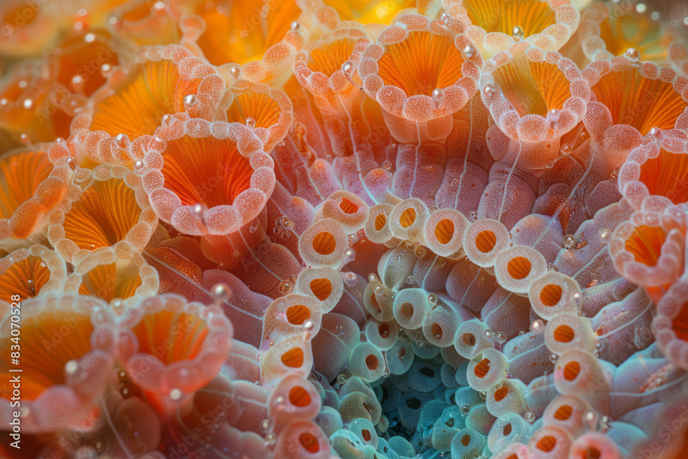 Poster an artistic representation of yeast fungi in a radial pattern, with vibrant colors radiating from th