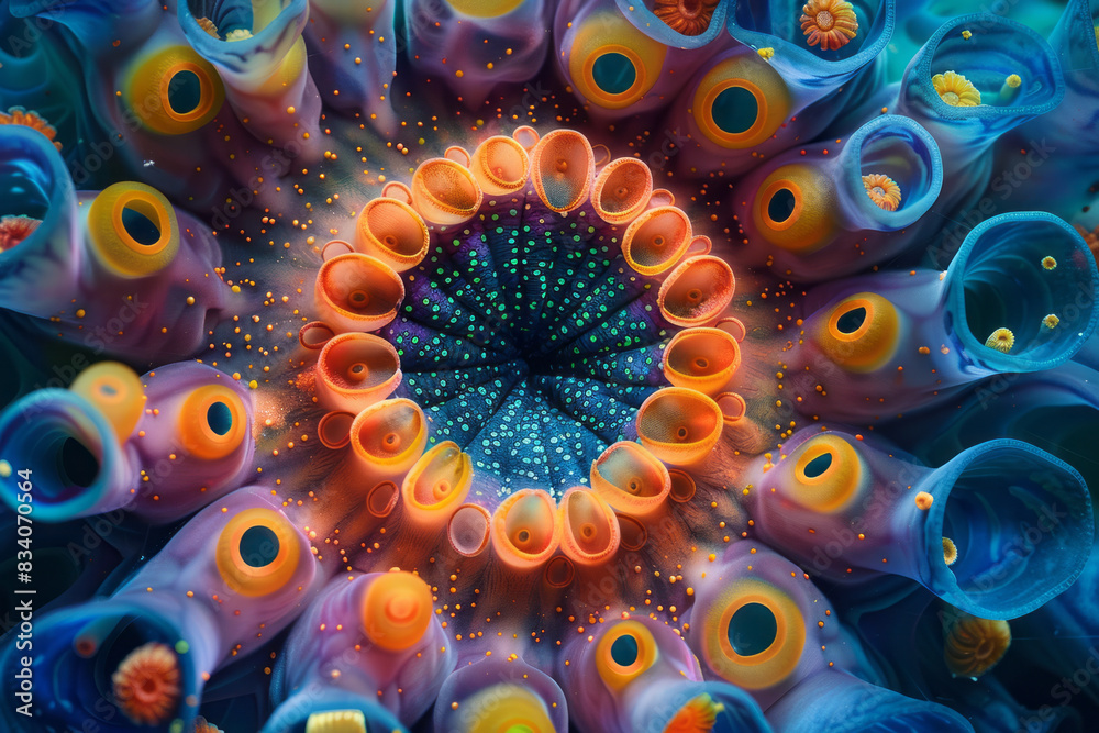 Poster an artistic representation of yeast fungi in a radial pattern, with vibrant colors radiating from th
