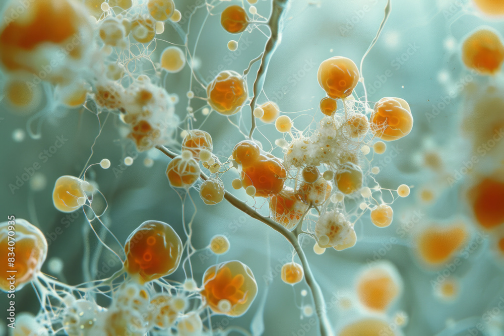 Poster An image of yeast fungi interacting with bacteria, highlighting the interspecies interaction,