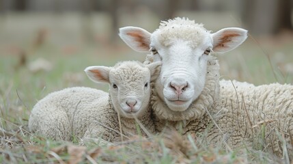 A sheep and lamb are laying in the grass together, AI