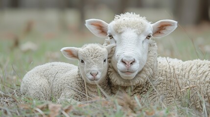Fototapeta premium A sheep and lamb are laying in the grass together, AI