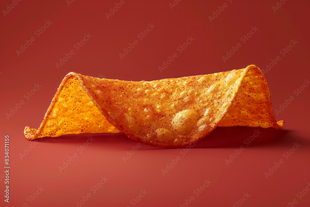 Poster a single chip with a spicy coating and visible chili flakes on a solid red background,