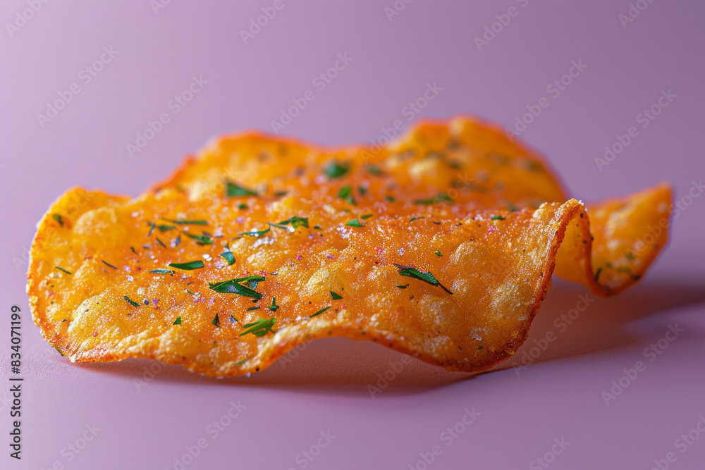 Poster A macro view of a chip with a crunchy texture and visible herbs on a solid purple background,
