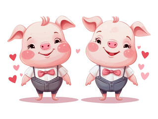 pig in love with heart valentine's day, couple animals with heart and valentine's day, illustration