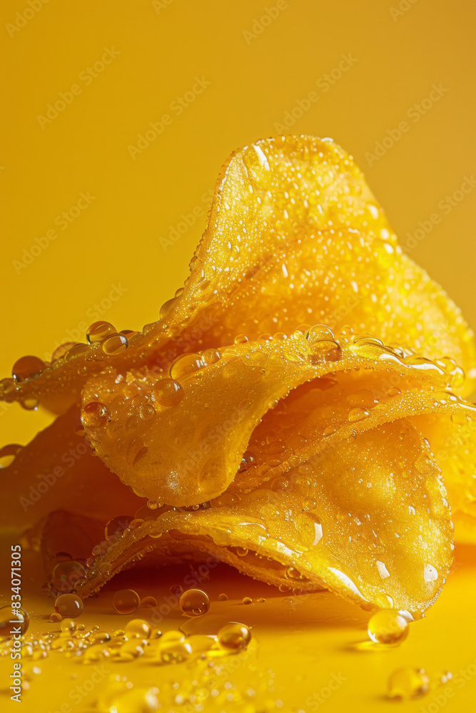 Poster a macro image of a chip with a honey mustard glaze against a solid yellow background,