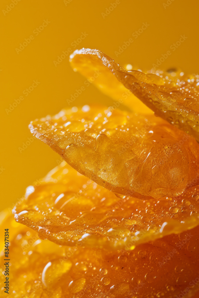 Poster a macro image of a chip with a honey mustard glaze against a solid yellow background,