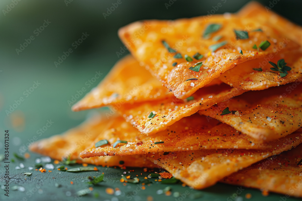 Poster a close-up of a chip with a ranch seasoning and visible herbs against a solid green background,