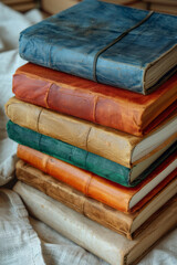 A stack of recycled paper notebooks with plain covers, neatly arranged on a white background,