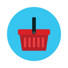 Red Shopping Basket Vector Icon in a blue circle. e-shop concept, shopping basket icon sign, pictogram supermarket basket ,store container. Hypermarket product carry object, grocery basket.