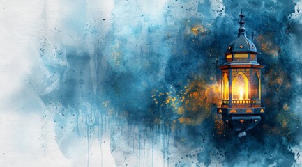 dark blue abstract background of ramadan celebration with golden lantern, white background, 