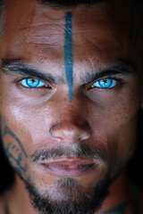 Fototapeta premium A man with blue eyes and a tattoo on his face, AI