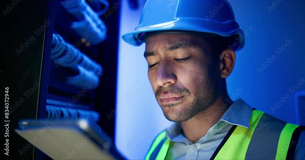 Fototapete Data center, engineer and man with computer in server room for programming, coding or information technology. Cybersecurity, IT and technician on tablet for inspection, maintenance or software backup