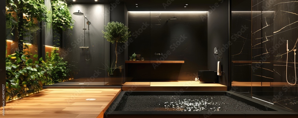 Wall mural a design bathroom, with a wood floor, black wall, italian shower --ar 5:2 Job ID: 1dd533a7-d13f-45b0-b188-b895394dbaac