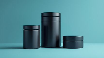 Three black containers are arranged on a blue background