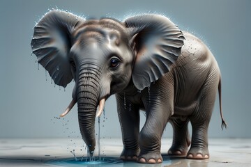 Fototapeta premium cute baby elephant with clean water, isolated on blue background