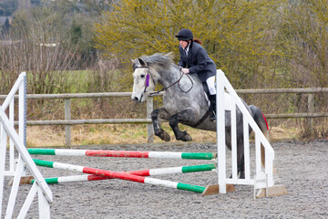 Up and over, pretty young woman rides her grey horse in show jumping competition outdoors in rural...