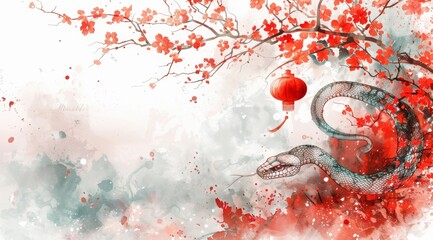 Happy chinese new year 2025 the snake zodiac sign with flower,lantern,pattern,cloud asian elements red paper cut style on color background white background, 