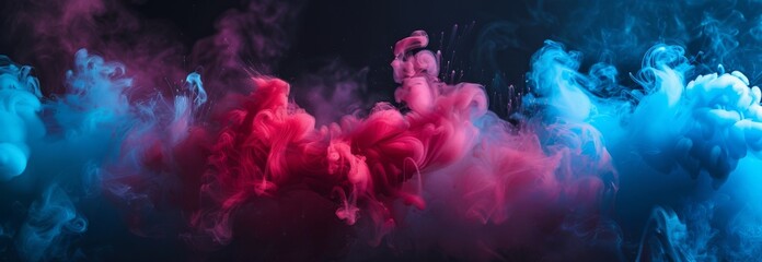 Ink blot with abstract black background, acrylic blue and red colors.