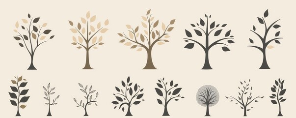 A series of round icons with various tree and plant designs, using a green and white color scheme on a pale backdrop.