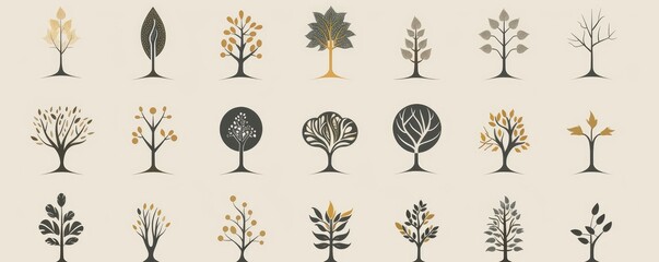 A series of round icons with various tree and plant designs, using a green and white color scheme on a pale backdrop.