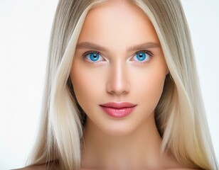Fototapeta premium close-up face of blonde young woman with straight hair, light blue eyes, pale skin, high cheekbones and full lips model makeup facing forward isolated on white background