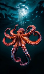 Fototapeta premium Red Octopus with Tentacles Spread Underwater in Sunlit Ocean