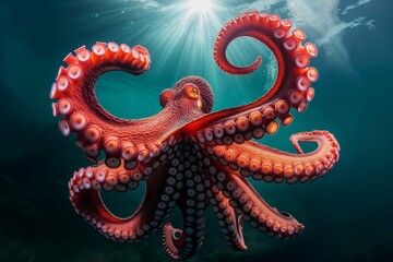 Obraz premium Red Octopus in Bright Blue Sea with Tentacles Outstretched
