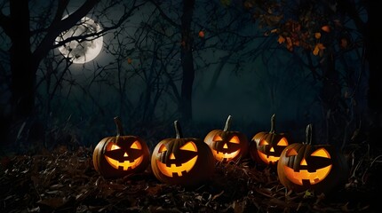 Celebrate Halloween night with a Jack o Lantern design in a pumpkin forest under the dark moonlight. Generative AI