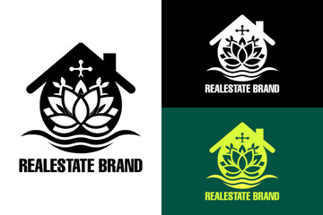 abstract real estate brand lotus flowers water property house rentals builders construction logo peace sign