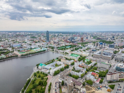 Embankment of the central pond and Plotinka. The historic center of the city of Yekaterinburg, Russia, Aerial View