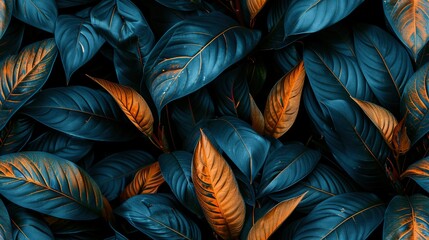   A close-up of various orange and blue leaves in a lush cluster, centered at the bottom of the image