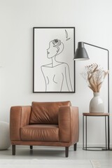 A living room reading coffee table with an art frame with line art