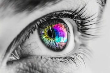 An isolated image of a gay woman with a multicolor orbiting iris, concept of vision and colors, fiery LGBT-identity.
