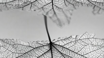   Black and white image of leaf skeleton with top vein