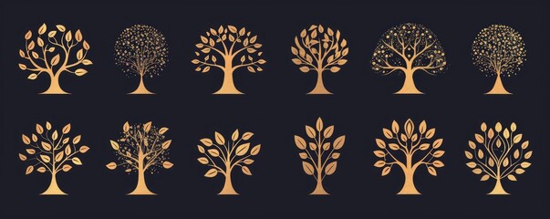 A collection of white tree silhouettes featuring different styles and leaf designs on a navy background.