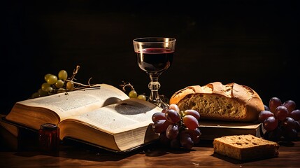 Fototapeta premium Communion elements of bread and wine on a rustic wooden table with an open Bible