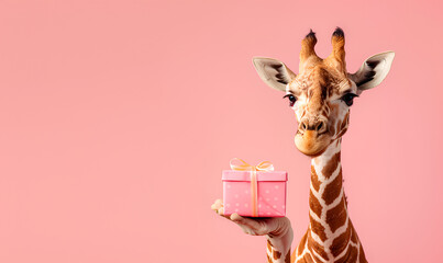 A curious giraffe presents a wrapped gift on a pink background