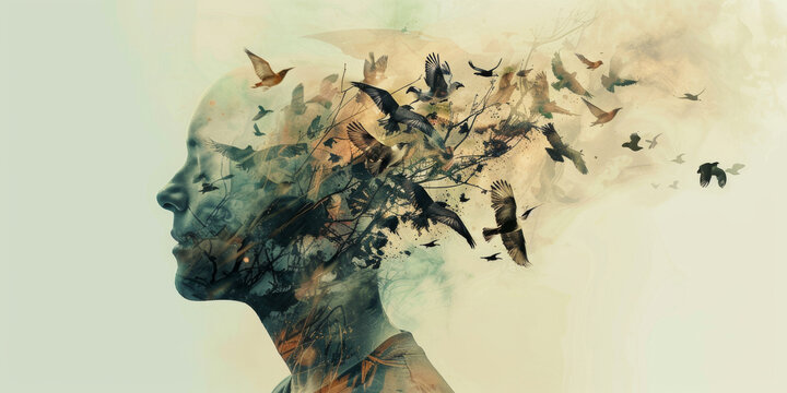 Surreal Art with Human Profile and Birds Flying Outwards, Blending Nature and Imagination