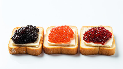 Elegant canapés with black and red caviar on a white plate

