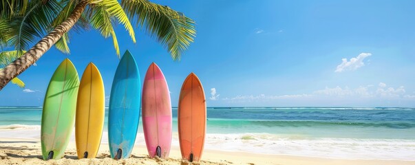 colored surfboards standing on a sandy beach against a serene blue ocean backdrop. copy space for text.