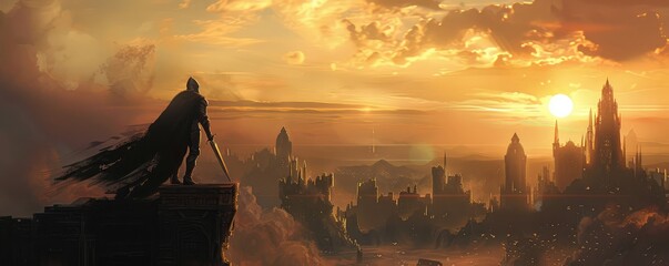 Obraz premium Artistic depiction of a majestic castle set against a dramatic sky filled with birds and a fantasy landscape.