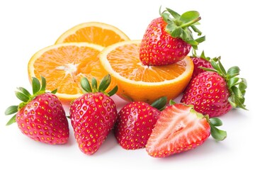 Strawberry Orange. Fresh Healthy Eating: Pile of Orange Fruits and Ripe Strawberries on White Background