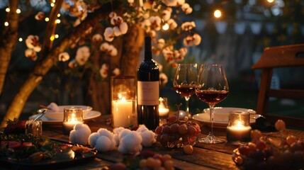 Appetizers Party. Rustic Garden Table Dinner with Lamp and Illuminated Wine