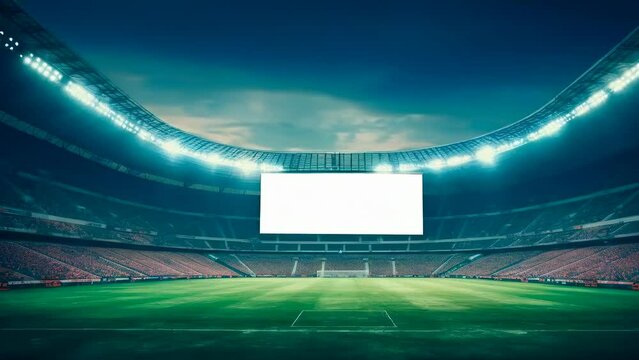A mesmerizing view of an empty football stadium during dusk. The floodlights illuminate the vast arena, highlighting the bright, large screen in the center. The seating area is vacant, awaiting