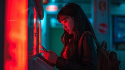 Fototapeta premium Woman using smartphone at night ATM. A woman in a dark setting illuminated by red and blue lights using her smartphone at an ATM machine.