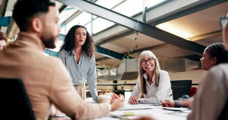 Meeting, presentation and business people in office for discussion, planning and proposal ideas. Creative agency, company and speaker with men and women for teamwork, feedback and collaboration - Powered by Adobe
