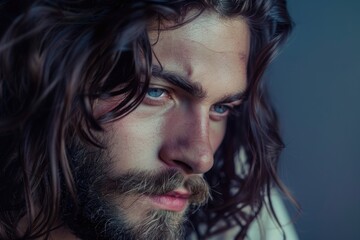 Long Hair Man. Handsome Young Man with Beard in Studio Portrait