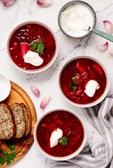 Ukrainian borscht with sour cream in bowls. top  view. .style hugge