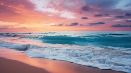 Fototapeta premium A Beautiful Sunset Over a Tranquil Beach with Colorful Skies and Gentle Waves