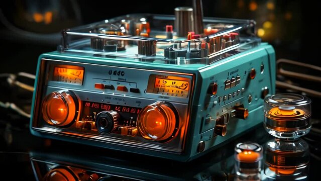 Close-up of old retro radio receiver music cassette audio tape recorder dark room. Selective focus